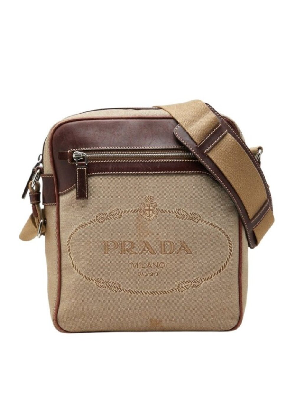 Prada Logo Jacquard Crossbody Shoulder Bag Beige Brown Canvas Leather